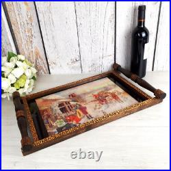Grand plateau pour cocktails et liqueurs en verre & bois cuivre Art Déco France