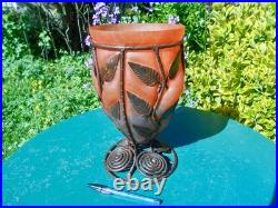 Grand vase ancien art deco monture fer forgé pâte de verre 1920-1930 h. 29,5 cm