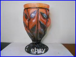 Grand vase ancien art deco monture fer forgé pâte de verre 1920-1930 h. 29,5 cm
