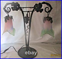 Grande Lampe Art Deco En Fer Forgé 2 Tulipes Pate De Verre Le Verre Francais