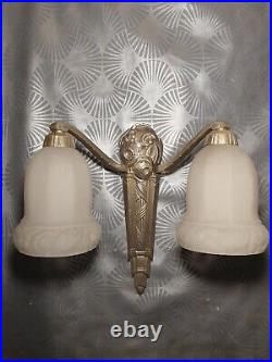 Grande applique murale art deco 1920 1930 en bronze nickelé & verre double lampe