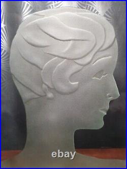 Grande lampe art deco 1930 plaque en verre femme a la coupe garçonne