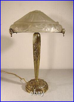 Grande lampe champignon art déco en bronze & vasque signée verre moulé 1925-1930