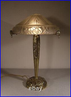 Grande lampe champignon art déco en bronze & vasque signée verre moulé 1925-1930