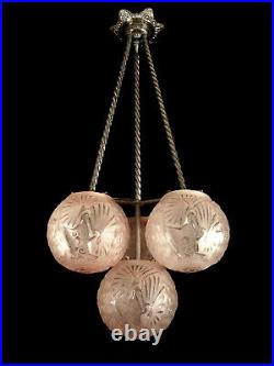 H. Petitot & Muller Suspension Art Déco Bronze Nickelé & Globes En Verre Pressé