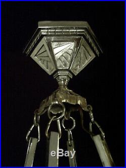 Hanots Lustre Ou Suspension Art Déco En Bronze & Vasque En Verre Pressé 1930