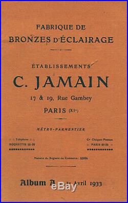 Jamain & Hanots Plafonnier Art Déco Bronze Nickelé Et Obus En Verre Pressé