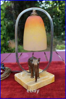 LAMPE ART DECO, ELEPHANT, TULIPE PATE DE VERRE (lamp)