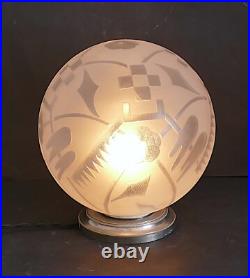 LAMPE ART DÉCO Globe verre gravé à l'acide oiseaux fleurs Deveau Era Muller