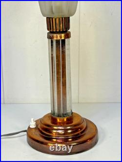 LAMPE ART DÉCO MONTURE TÔLE CUIVRÉ ET TUBES EN VERRE TULIPE STYLE DEGUÉ XXème