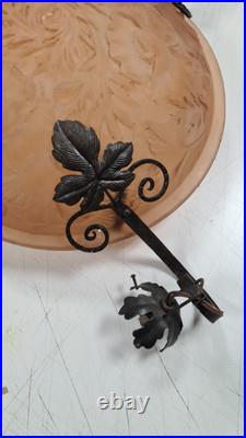 LUSTRE ART DECO Vasque Pate de Verre Rose et Ferronnerie