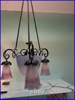 LUSTRE art déco en fer forgé PATE DE VERRE MULLER FRERES LUNEVILLE