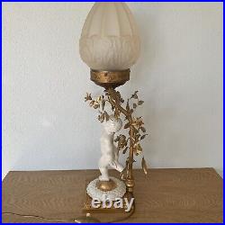 Lampe Angelot Création Blanc Céramique Et Doré Globe Art Déco Verre Pressé Moulé