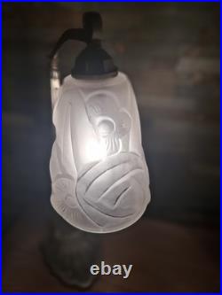 Lampe Art Deco Bronze Argenté + Pate Verre Pressé Degue. Lamp French