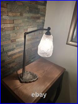 Lampe Art Deco Bronze Argenté + Pate Verre Pressé Degue. Lamp French