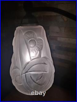 Lampe Art Deco Bronze Argenté + Pate Verre Pressé Degue. Lamp French