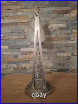 Lampe Art Deco Bronze Argenté + Pate Verre Pressé Degue. Lamp French