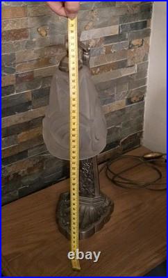 Lampe Art Deco Bronze Argenté + Pate Verre Pressé Degue. Lamp French