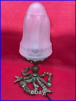 Lampe Art Déco Bronze Patiné Tulipe Verre Dépoli Décor Rubans XXe