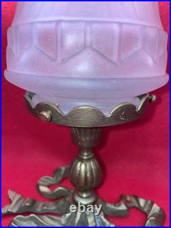 Lampe Art Déco Bronze Patiné Tulipe Verre Dépoli Décor Rubans XXe