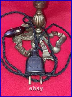 Lampe Art Déco Bronze Patiné Tulipe Verre Dépoli Décor Rubans XXe