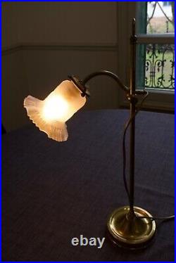 Lampe Art Deco Bureau Col De Cygne Coulisse Laiton Tulipe En Verre