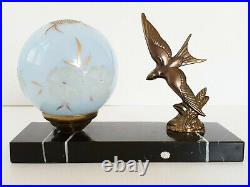 Lampe Art Deco Hirondelle Marbre Bronze & Verre 1920 1930 Vintage 20s 30s