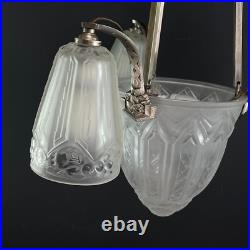 Lampe Decken Art Déco Maynadier Verre Nickel Argent Original 1930