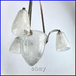 Lampe Decken Art Déco Maynadier Verre Nickel Argent Original 1930
