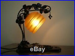 Lampe Fer Forge Ancien Art Deco Luminaire 1930 Decor Verre Orange Feuillage
