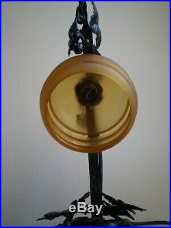 Lampe Fer Forge Ancien Art Deco Luminaire 1930 Decor Verre Orange Feuillage