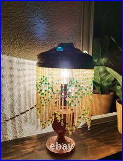 Lampe Parisienne Cuivre Art Déco 1930 SGDG Abat Jour Pampilles Perles De Verre