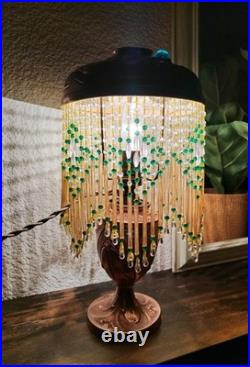 Lampe Parisienne Cuivre Art Déco 1930 SGDG Abat Jour Pampilles Perles De Verre