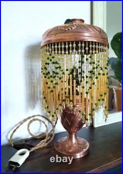 Lampe Parisienne Cuivre Art Déco 1930 SGDG Abat Jour Pampilles Perles De Verre