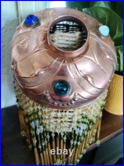 Lampe Parisienne Cuivre Art Déco 1930 SGDG Abat Jour Pampilles Perles De Verre