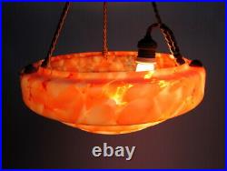 Lampe Suspension Art Déco Verre Opaline Marbré Rose Orange 1930