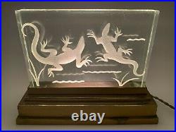 Lampe Veilleuse Salamandres 1930 Art Deco Plaque Verre Poli Base Bronze H3681