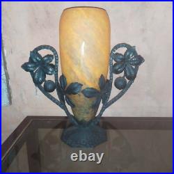 Lampe art deco fer forgé pate de verre à electrifier Feuillage Marronnier