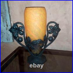 Lampe art deco fer forgé pate de verre à electrifier Feuillage Marronnier