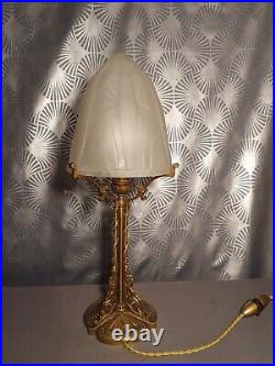 Lampe champignon art déco 1920 en bronze doré sculpture floral dôme en verre