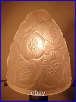 Lampe champignon art déco abat jour dôme en verre pied en metal sculpture floral