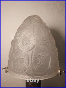 Lampe champignon art déco abat jour dôme en verre pied en metal sculpture floral