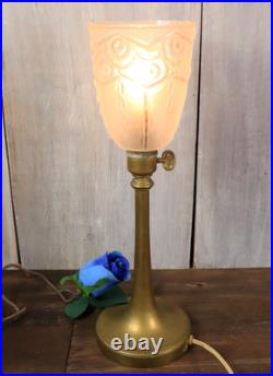 Lampe de Table Ancien Art Déco Tulipe en Verre Moulé Dépoli Bronze c1930