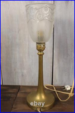 Lampe de Table Ancien Art Déco Tulipe en Verre Moulé Dépoli Bronze c1930