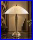 Lampe de table bronze Art Déco Hettier Vincent vasque verre pressé blanc EJG