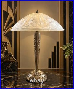 Lampe de table bronze Art Déco Hettier Vincent vasque verre pressé blanc EJG