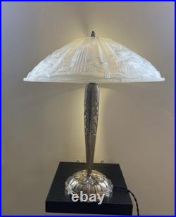 Lampe de table bronze Art Déco Hettier Vincent vasque verre pressé blanc EJG