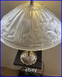 Lampe de table bronze Art Déco Hettier Vincent vasque verre pressé blanc EJG