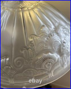Lampe de table bronze Art Déco Hettier Vincent vasque verre pressé blanc EJG