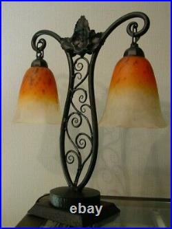Lampe double art deco fer forgé pâte de verre Schneider 1925-1930